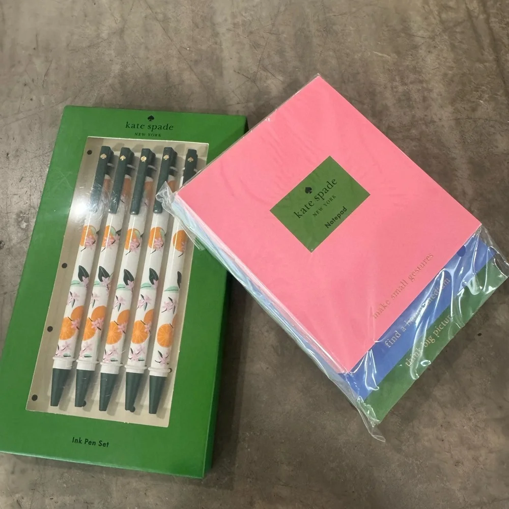 Kate Spade citrus Ink Pen Set of 5  w/ trio of Pink,Blue &green printed Notepads